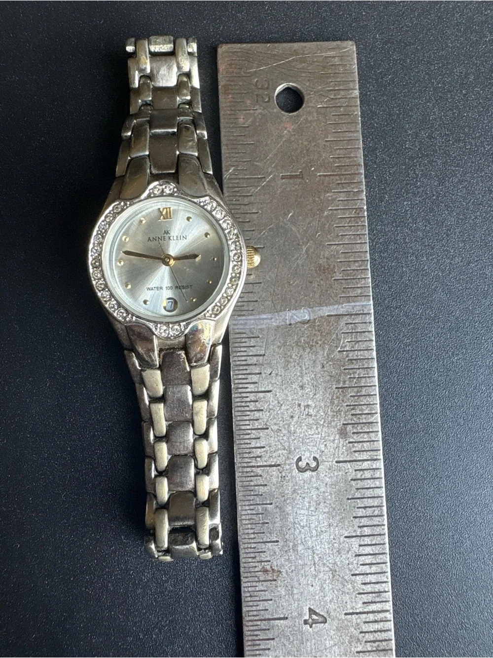 Anne Klein Women's Silver-Tone Crystal Watch measurements shown non running